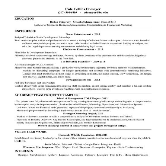 Cole Domeyer Resume; Oct 2015