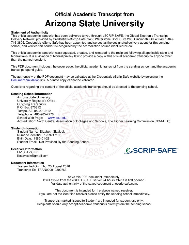 Arizona State University Offical Transcript