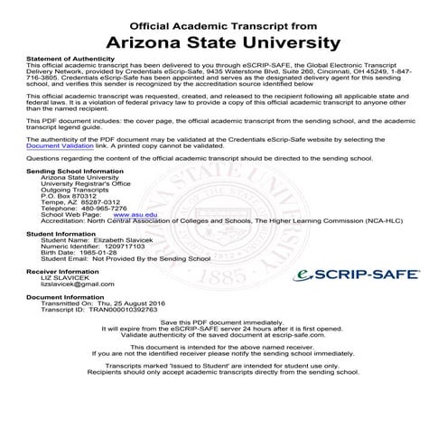 Arizona State University Offical Transcript