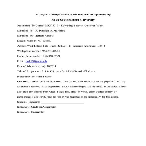 MKT 5017 Article Critique - Mertcan Karabuk