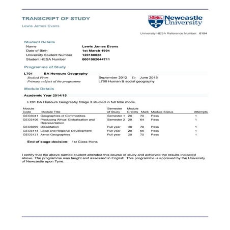 BA (Hons) Geography Final Transcript