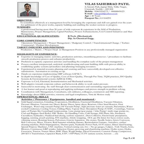 CV VILAS PATIL in brief
