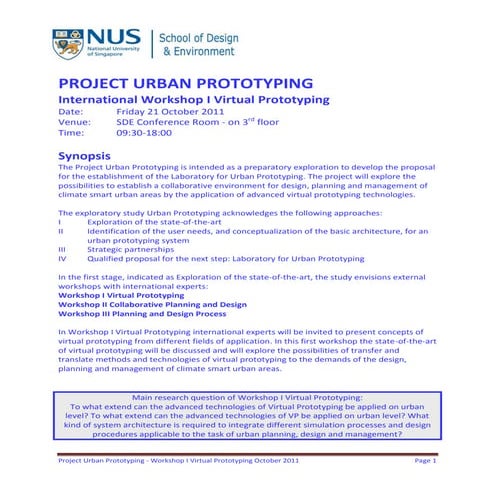 Project Urban Prototyping, Workshop I Virtual Prototyping, October 2011, SDE,...