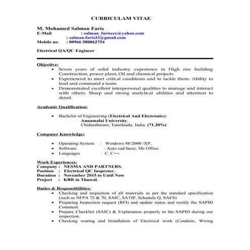 Electrical QA QC Engineer