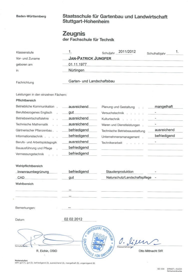2012 Feb. Halbjahreszeugnis Technikerschule