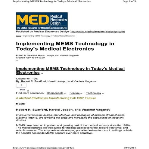Implementing MEMS Technology in Todays Medical Electronics