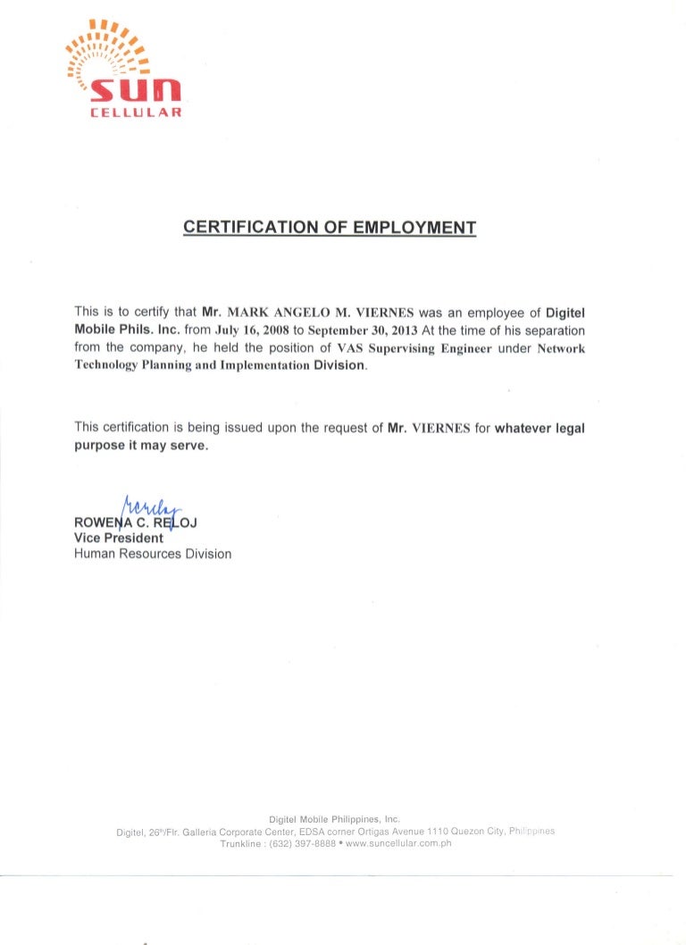 Certificate Of Employment SUN