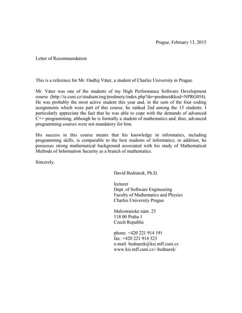 Recommendation letter for international student