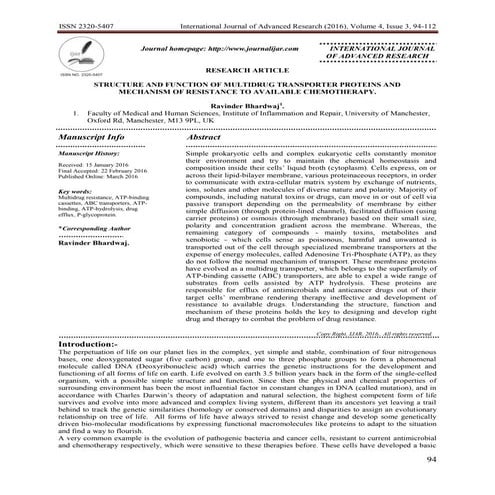 Structure and function of multidrug transporter proteins and mechanism of res...