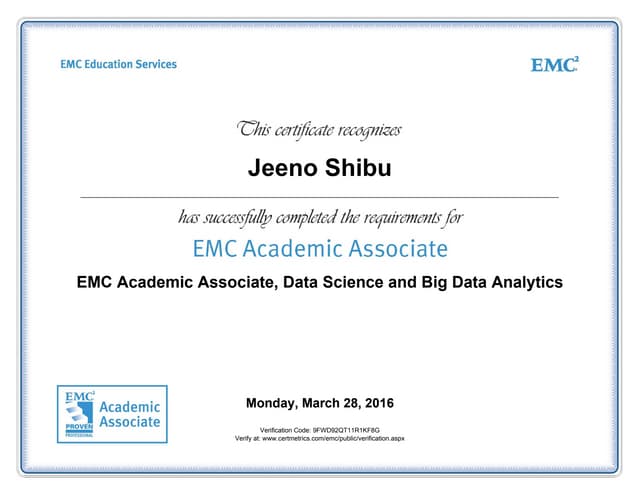 EMC Academic Associate, Data Science and Big Data Analytics certificate
