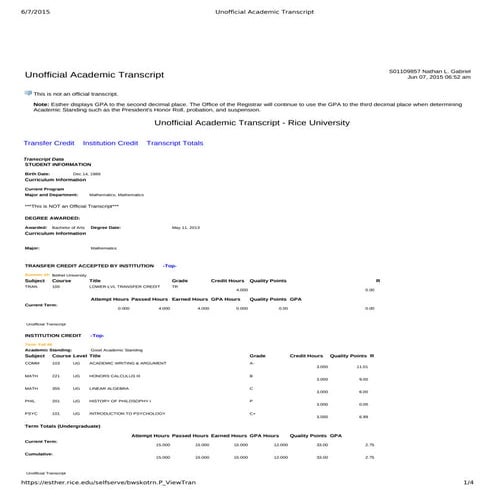 Unofficial Academic Transcript Nathan Gabriel | PDF