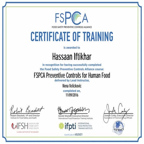 FSPCA Preventive Controls for Human Food.Certificate | PDF