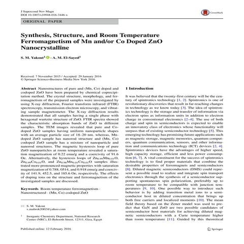 Synthesis, structure and room temperature ferromagnetism of Mn and or Co dope...