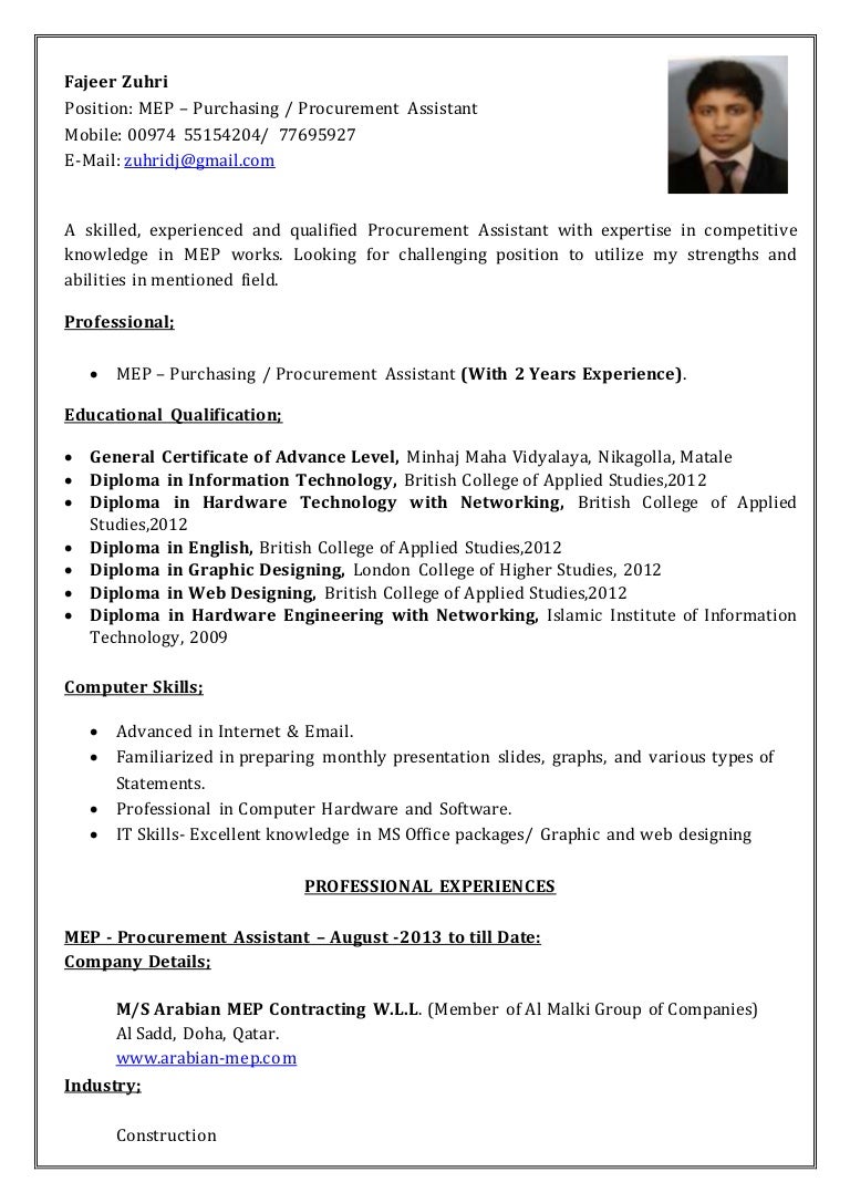 engineer cover letter with experience Fajeer CV Procurement Zuhri