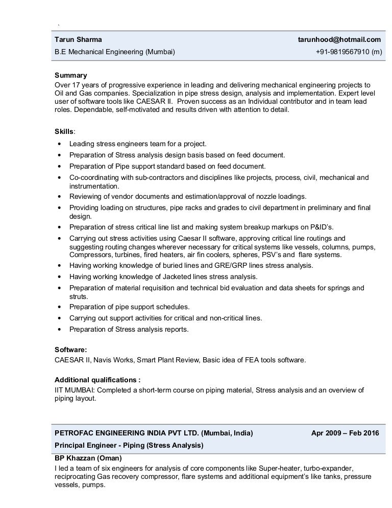 resume tarun sharma pipe stress engineer cv for civil site engineer