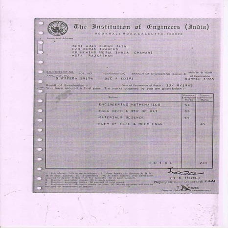 AMIE Section 'A' & 'B' Mark Sheets