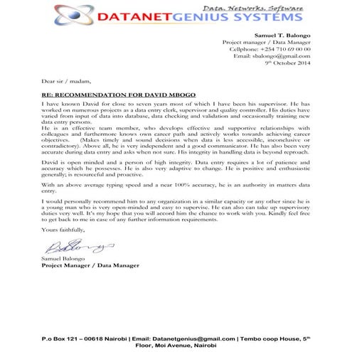David Mbogo recommendation letter-data entry