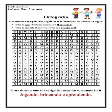 Caça-palavras ortografia M antes de P e B. | PDF