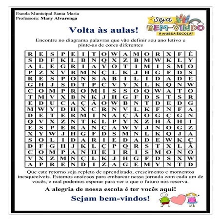 Caça -palavras volta as aulas e mensagem de boas vindas . | PDF