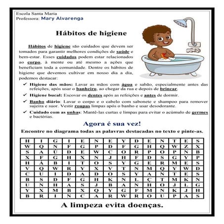 Caça palavras  -  Hábitos  de  higiene.