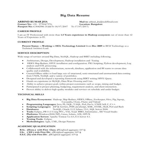 Hadoop Big Data Resume