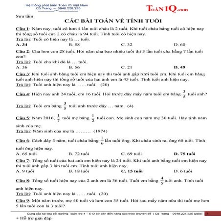 CÁC BÀI TOÁN VỀ TÍNH TUỔI LỚP 4 - 5