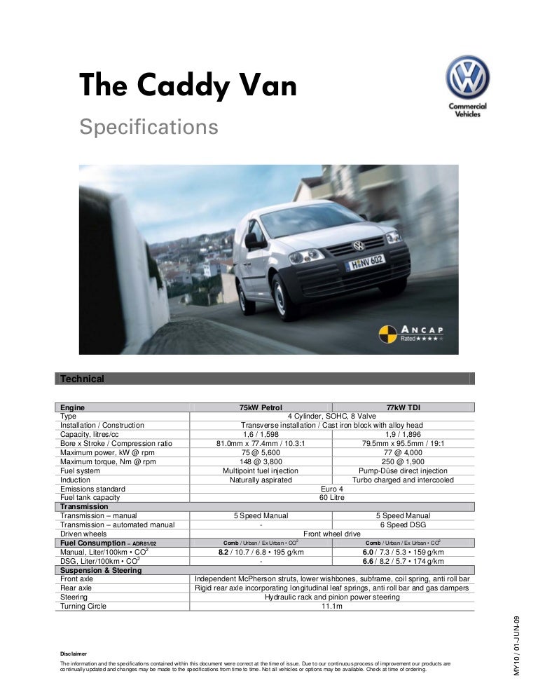 Caddy Van specifications Volkswagen Australia