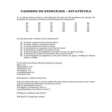 Caderno de Exercícios – Estatística com solução