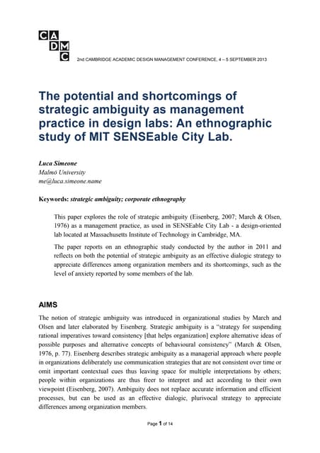 The potential and shortcomings of strategic ambiguity as management practice in design labs: An ethnographic study of MIT SENSEable City Lab