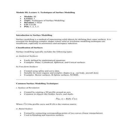 Module- III (CO-III) Techniques of surface modelling, plane surface, cylindri...