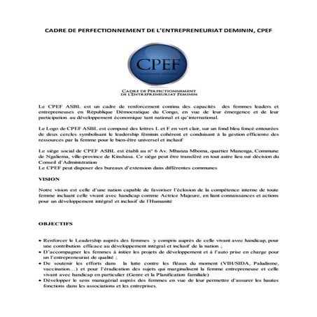 CADRE DE PERFECTIONNEMENT DE L’ENTREPRENEURIAT DEMININ, CPEF