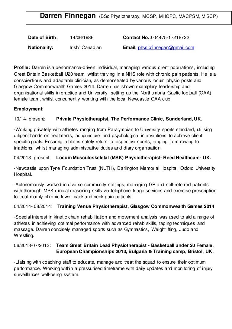 cv of physiotherapist