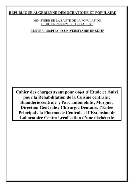 Cahier des charges pour mission etude et suivi pour les architecte