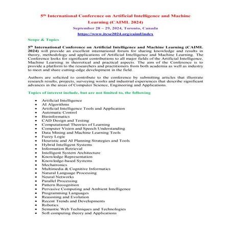 Call for Research Articles - 5th International Conference on Artificial Intelligence and Machine Learning (CAIML 2024)