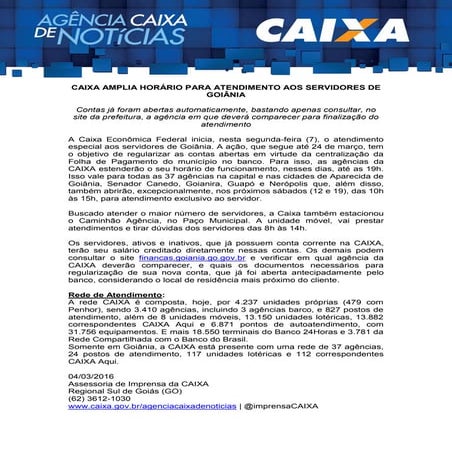 CAIXA amplia horário para atendimento aos servidores de Goiânia