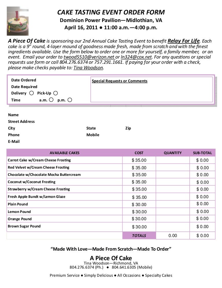 cake tasting order form