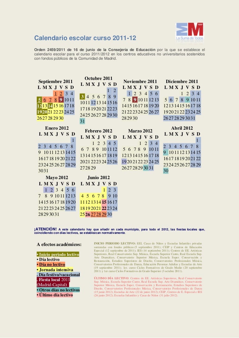 Calendario Escolar Curso 2011 12 calendario escolar madrid capital