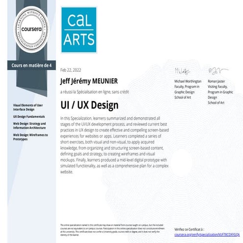 Certificate of Specialization - UI / UX Design | PPT image.