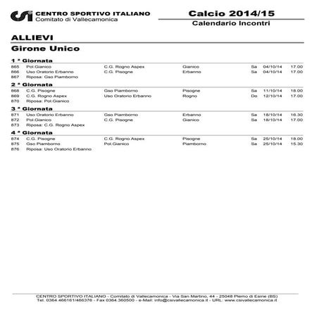 Calendario Calcio allievi