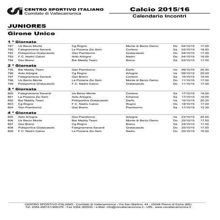 Calendario campionato Calcio Juniores