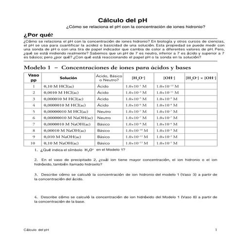 Cálculo del pH. Guía basada en metodología POGIL.