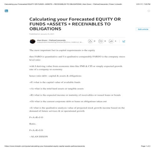 Calculating your forecasted equity or funds +assets + receivables to obligati...