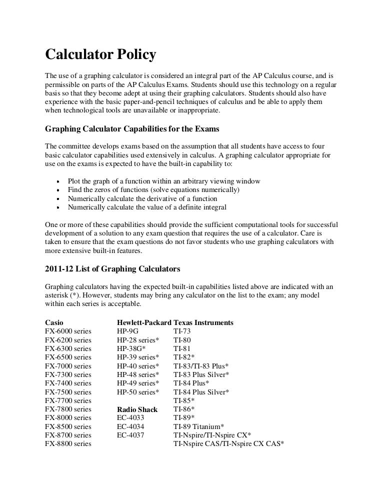 Calculator policy ap exams 2012