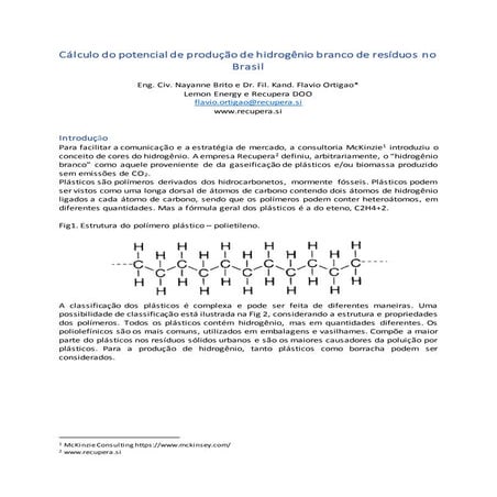 Cálculo do potencial de produçao de hidrogênio branco de resíduos no brasil