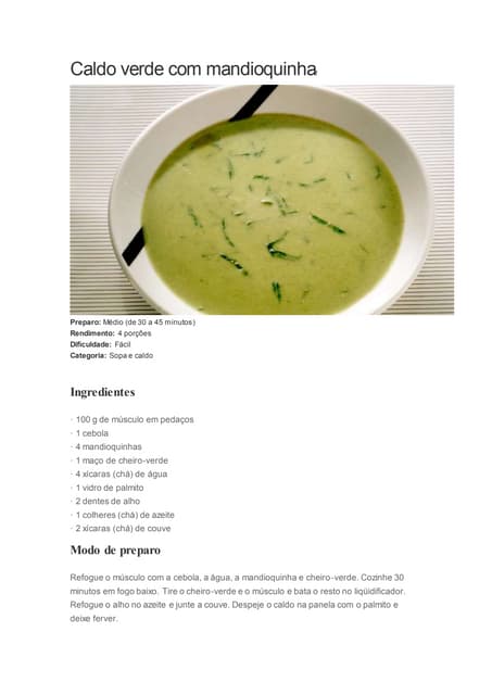 Caldo verde com mandioquinha