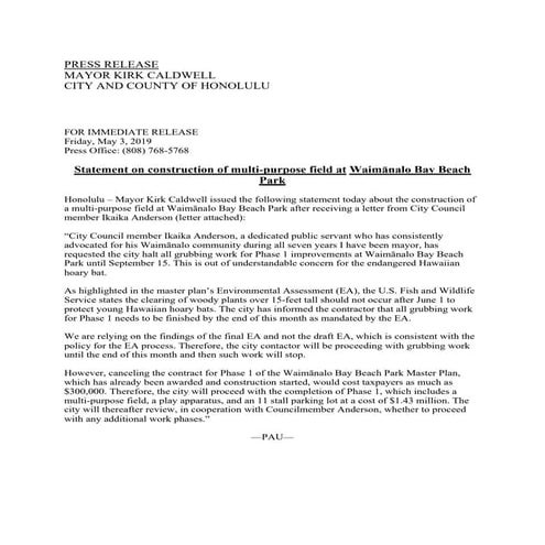 Caldwell Press Release