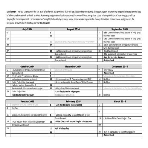 Calendar 2014 2015-Assignments