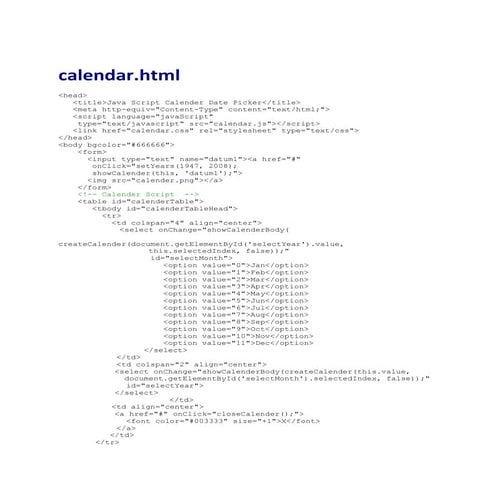 Calendar html code by karan chanana | PDF