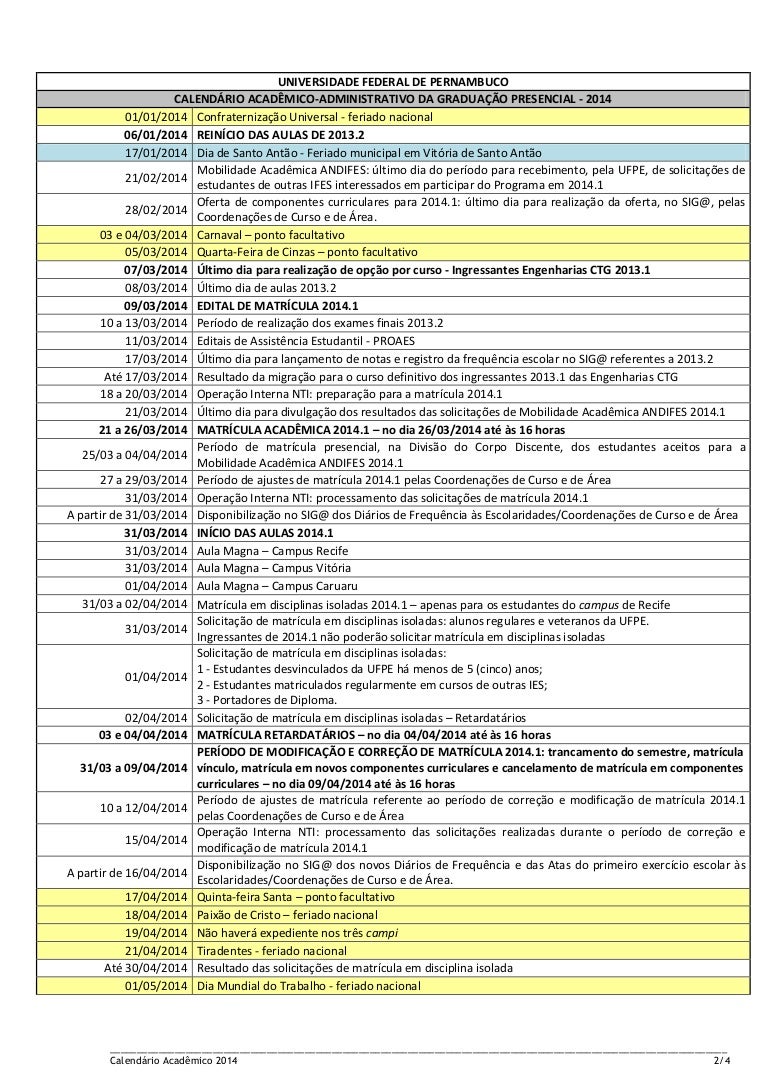 Calendario Academico UFPE 2014