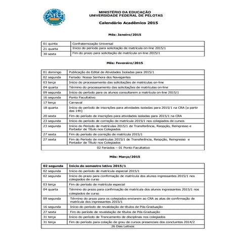 Calendário Acadêmico 2015